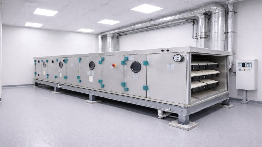 Unidad de tratamiento de aire instalada en una sala técnica de un hospital, montada sobre una estructura metálica elevada, con conductos de ventilación y cuadro eléctrico a la vista.